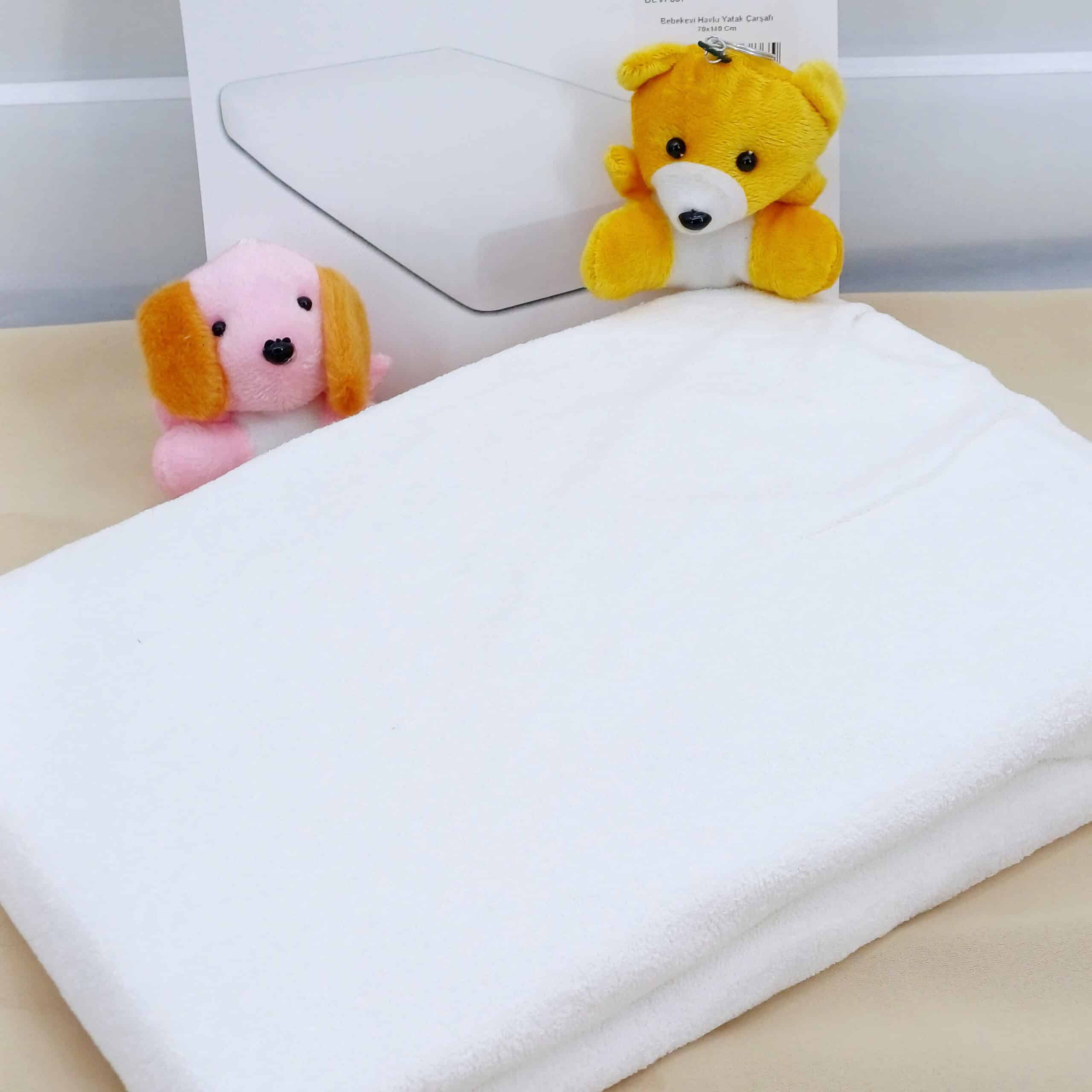 Drap-housse en coton BebeKevi avec élastiques pour lits bébé, disponible en 60 × 120 cm et 70 × 140 cm. Doux, absorbant et hypoallergénique