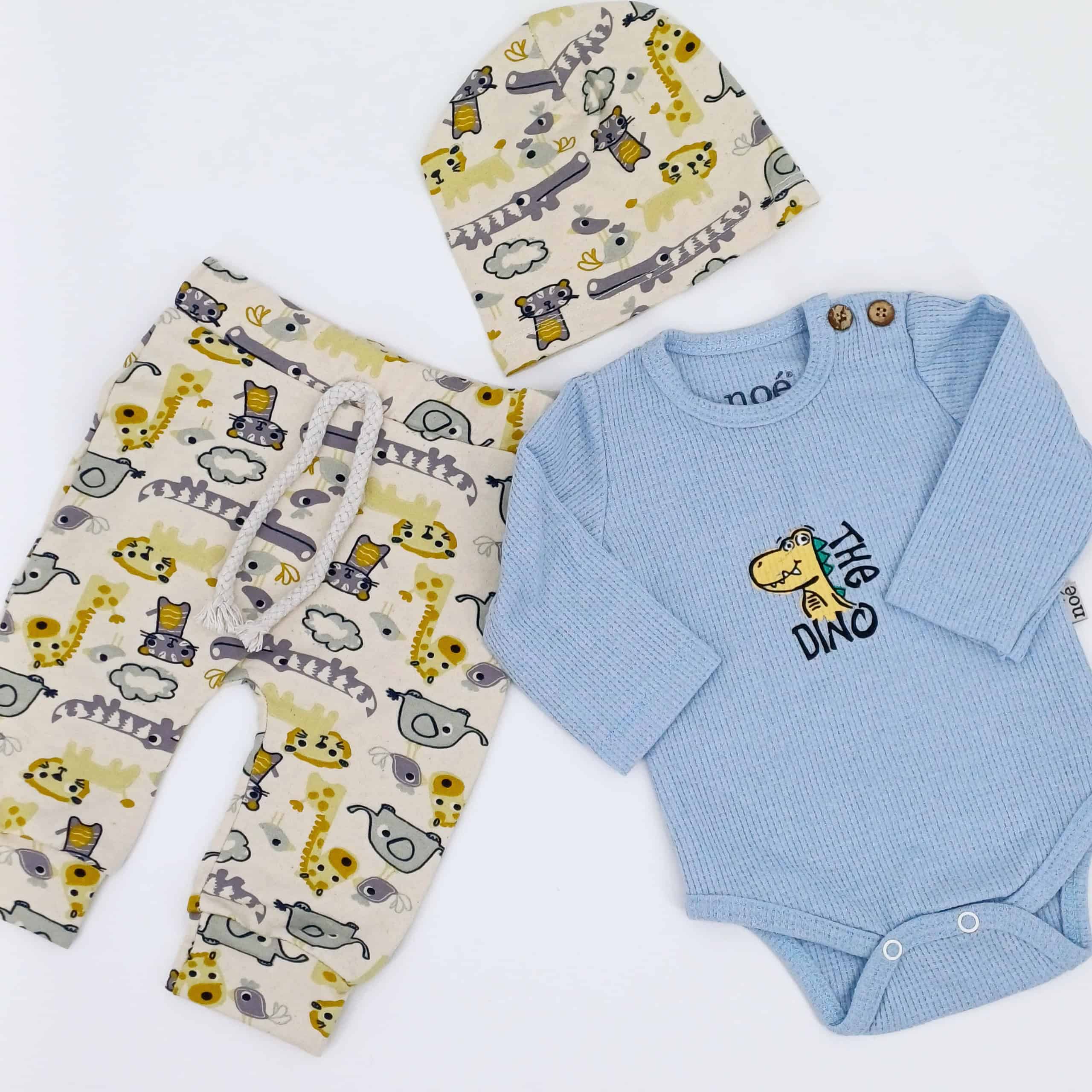 Ensemble bébé 3 pièces en coton avec body "The Dino", pantalon et bonnet, 3-18 mois