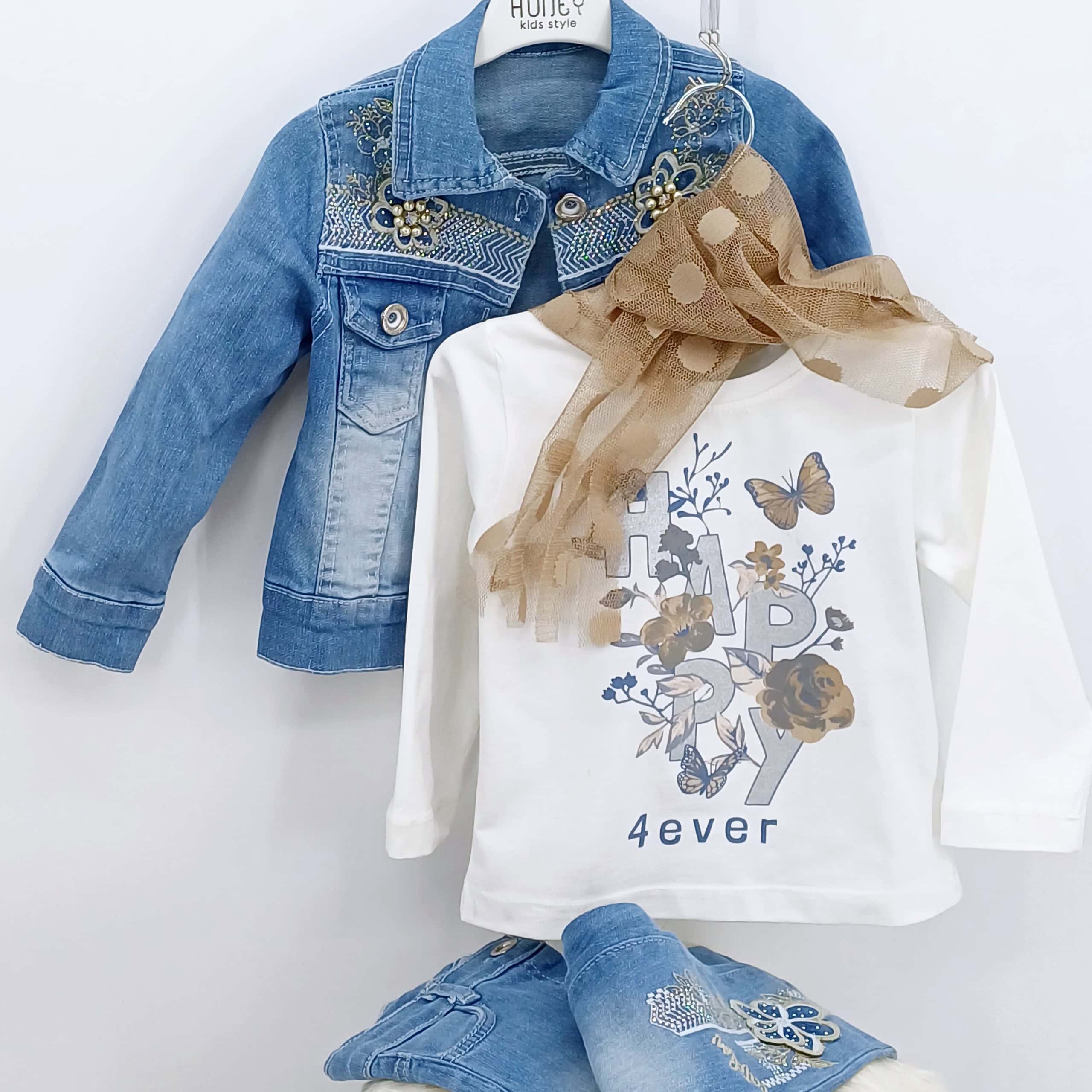 Ensemble pour fille de 2 à 5 ans : veste en jean brodée, t-shirt imprimé et pantalon en jean. Parfait pour l'hiver. Boutique pour enfants en Belgique.