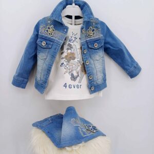 Ensemble pour fille de 2 à 5 ans : veste en jean brodée, t-shirt imprimé et pantalon en jean. Parfait pour l'hiver. Boutique pour enfants en Belgique.