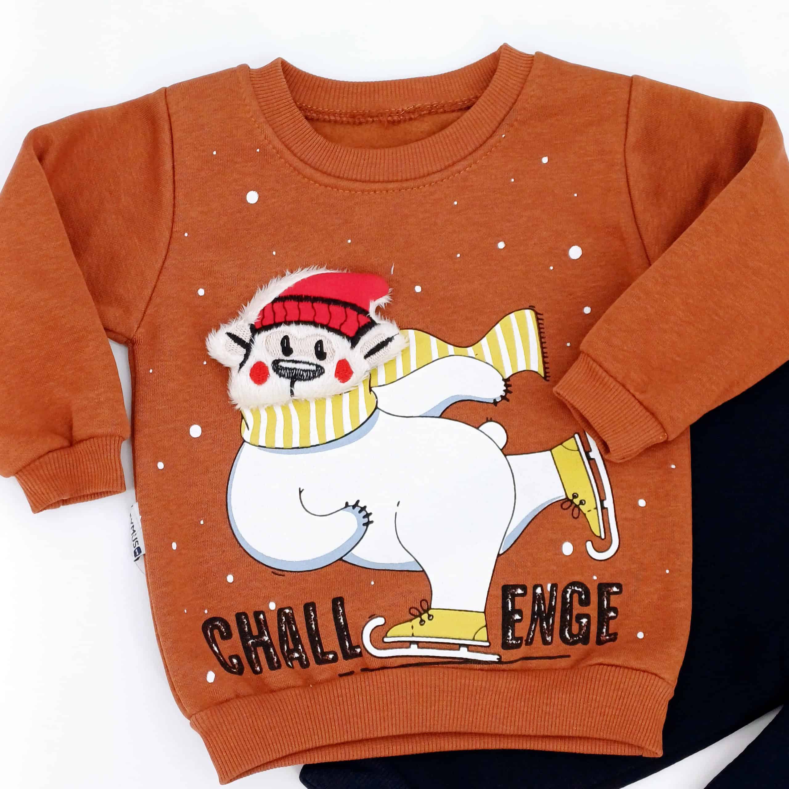 Ensemble pour enfant en coton 100%, comprenant un pull "Challenge" avec motif d'ours et un pantalon confortable. Taille 1 à 3 ans. Parfait pour l'hiver et les moments de jeux !