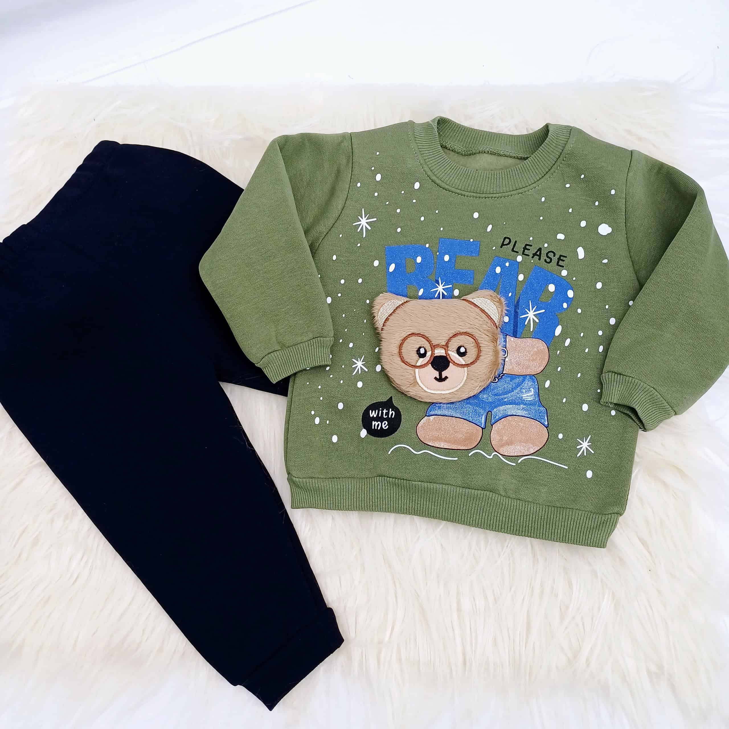Ensemble fille en coton 100% avec intérieur molletonné "Bear Please", idéal pour l'hiver. Sweat et pantalon assortis pour filles et garçon de 1 à 3 ans.