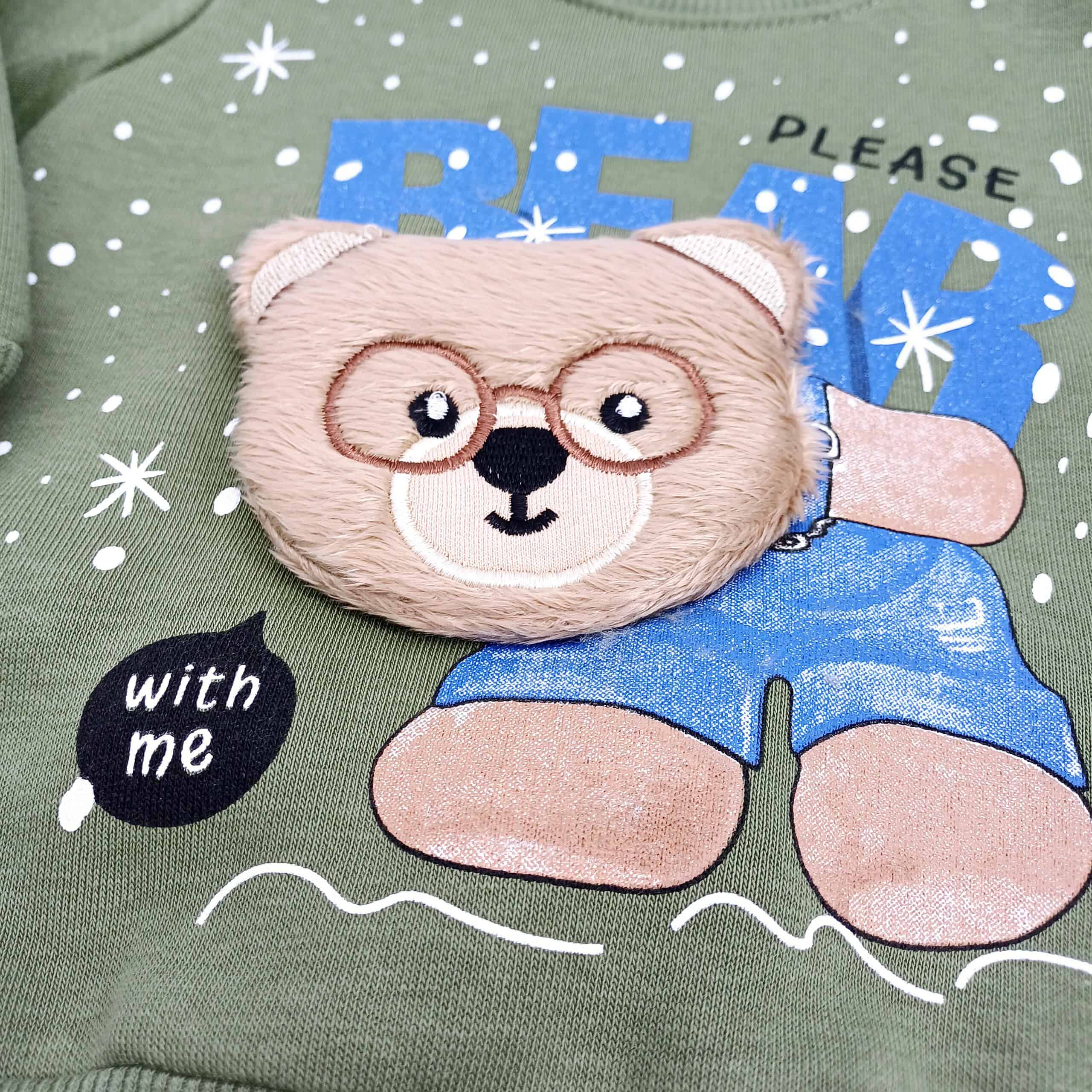 Ensemble fille en coton 100% avec intérieur molletonné "Bear Please", idéal pour l'hiver. Sweat et pantalon assortis pour filles et garçon de 1 à 3 ans.