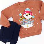 Ensemble hiver enfant Noël : sweat marron avec motif bonhomme de neige en 3D et pantalon bleu marine. Tailles 1-3 ans, idéal pour les fêtes