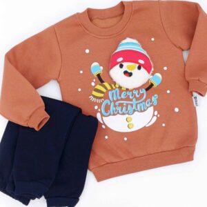 Ensemble hiver enfant Noël : sweat marron avec motif bonhomme de neige en 3D et pantalon bleu marine. Tailles 1-3 ans, idéal pour les fêtes