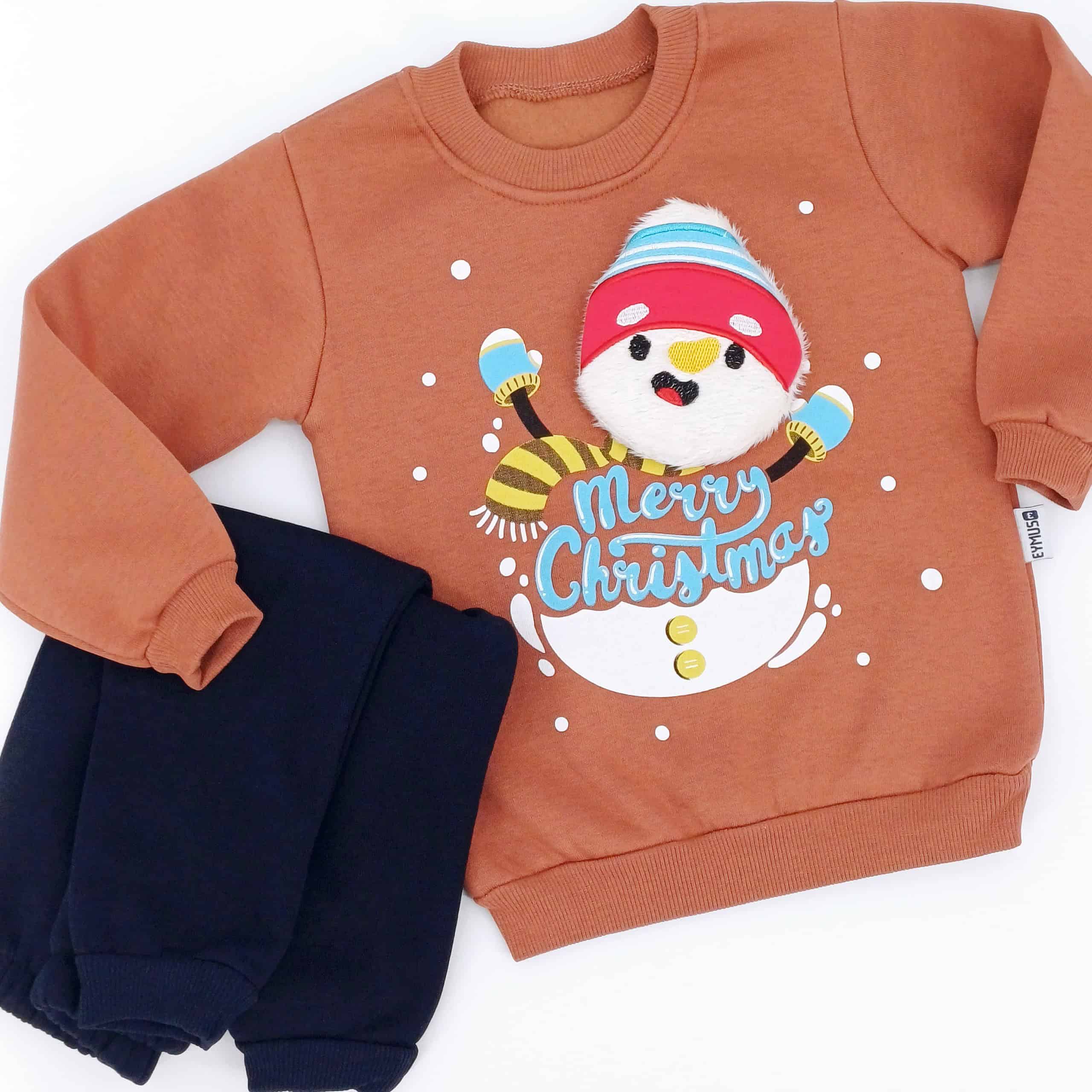 Ensemble hiver enfant Noël : sweat marron avec motif bonhomme de neige en 3D et pantalon bleu marine. Tailles 1-3 ans, idéal pour les fêtes
