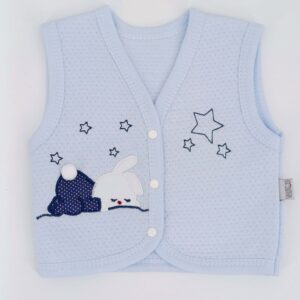 gilet bébé, gilet sans manches coton, motif lapin bébé, gilet 0-9 mois, vêtement bébé doux, gilet bleu bébé, tenue intermédiaire bébé, mode bébé mignon