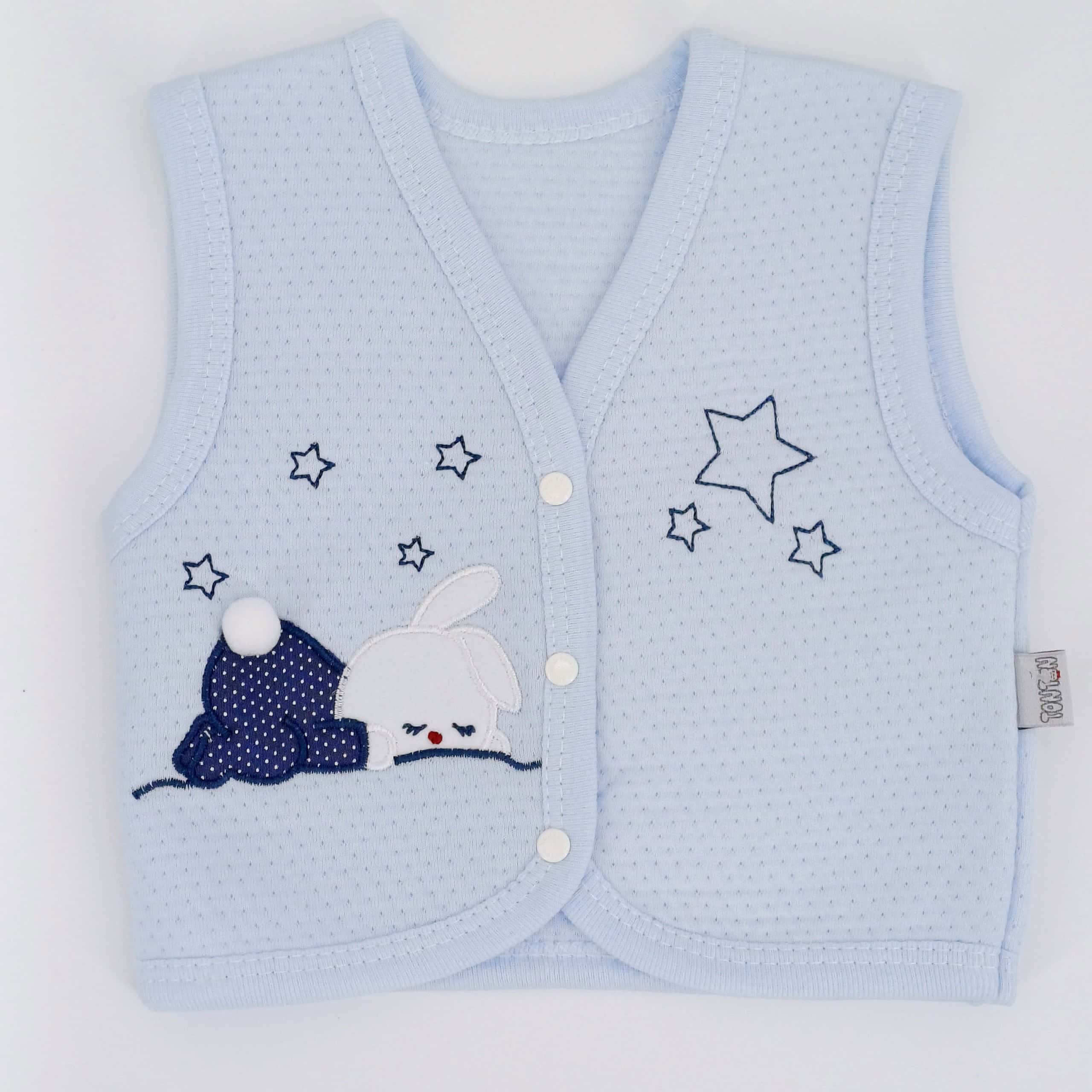 gilet bébé, gilet sans manches coton, motif lapin bébé, gilet 0-9 mois, vêtement bébé doux, gilet bleu bébé, tenue intermédiaire bébé, mode bébé mignon