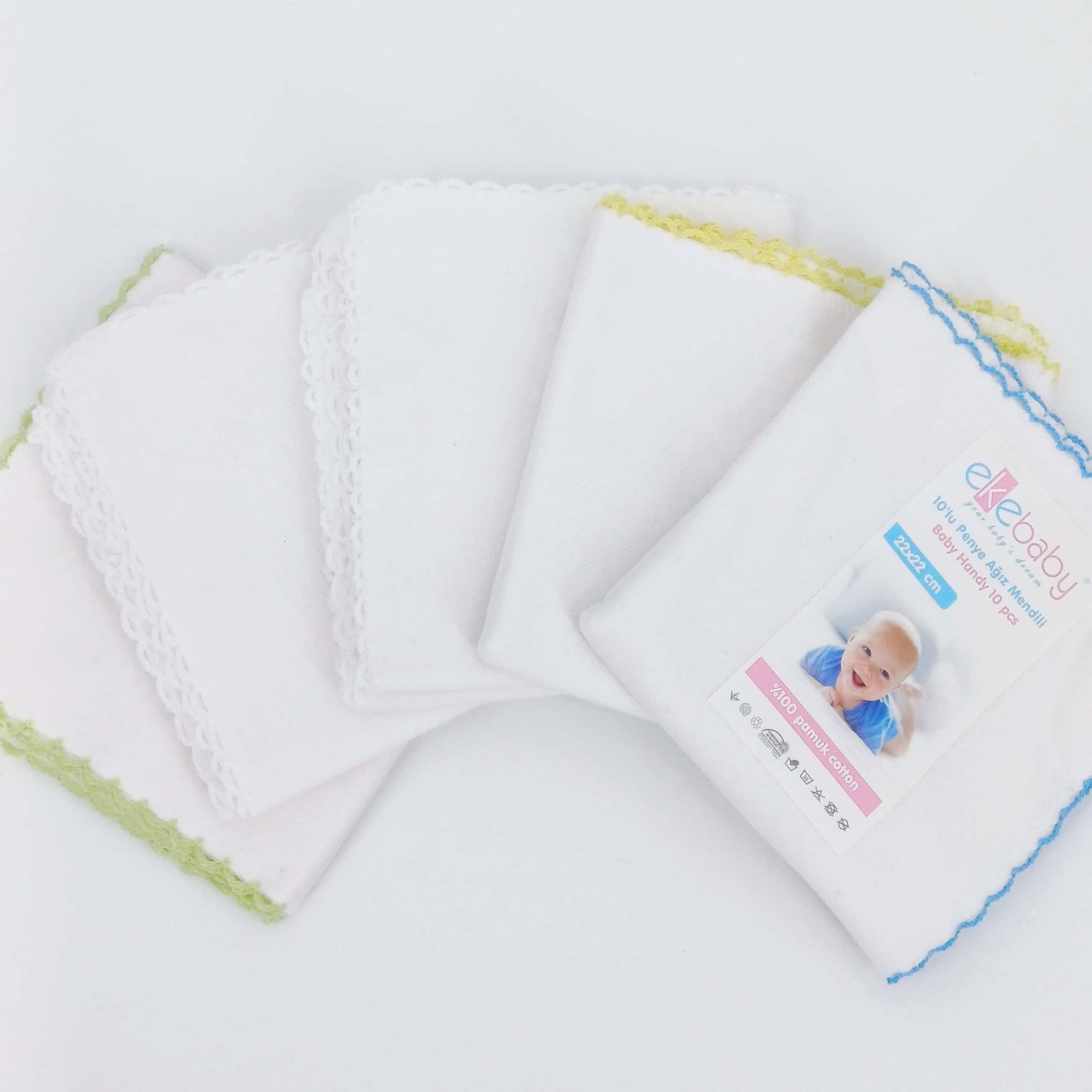 Ensemble de 10 lingettes en coton pour bébé, 22x22 cm, douces et pratiques pour le soin quotidien.