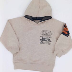 Sweat à capuche beige tendance pour enfants avec des imprimés "Digital Works Inc.". Parfait pour les journées fraîches, disponible en tailles 1-4 ans. Livraison rapide