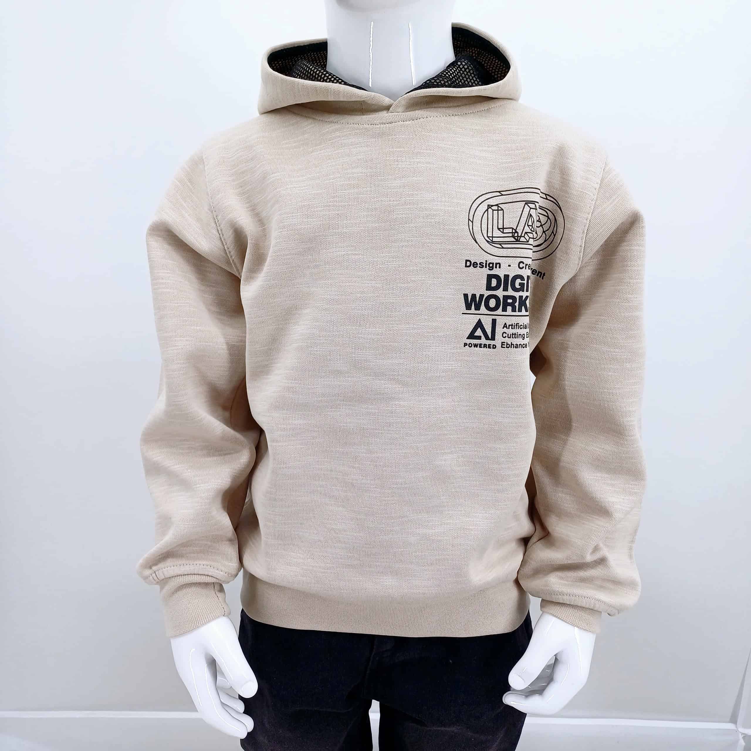 Sweat à capuche beige tendance pour enfants avec des imprimés "Digital Works Inc.". Parfait pour les journées fraîches, disponible en tailles 1-4 ans. Livraison rapide