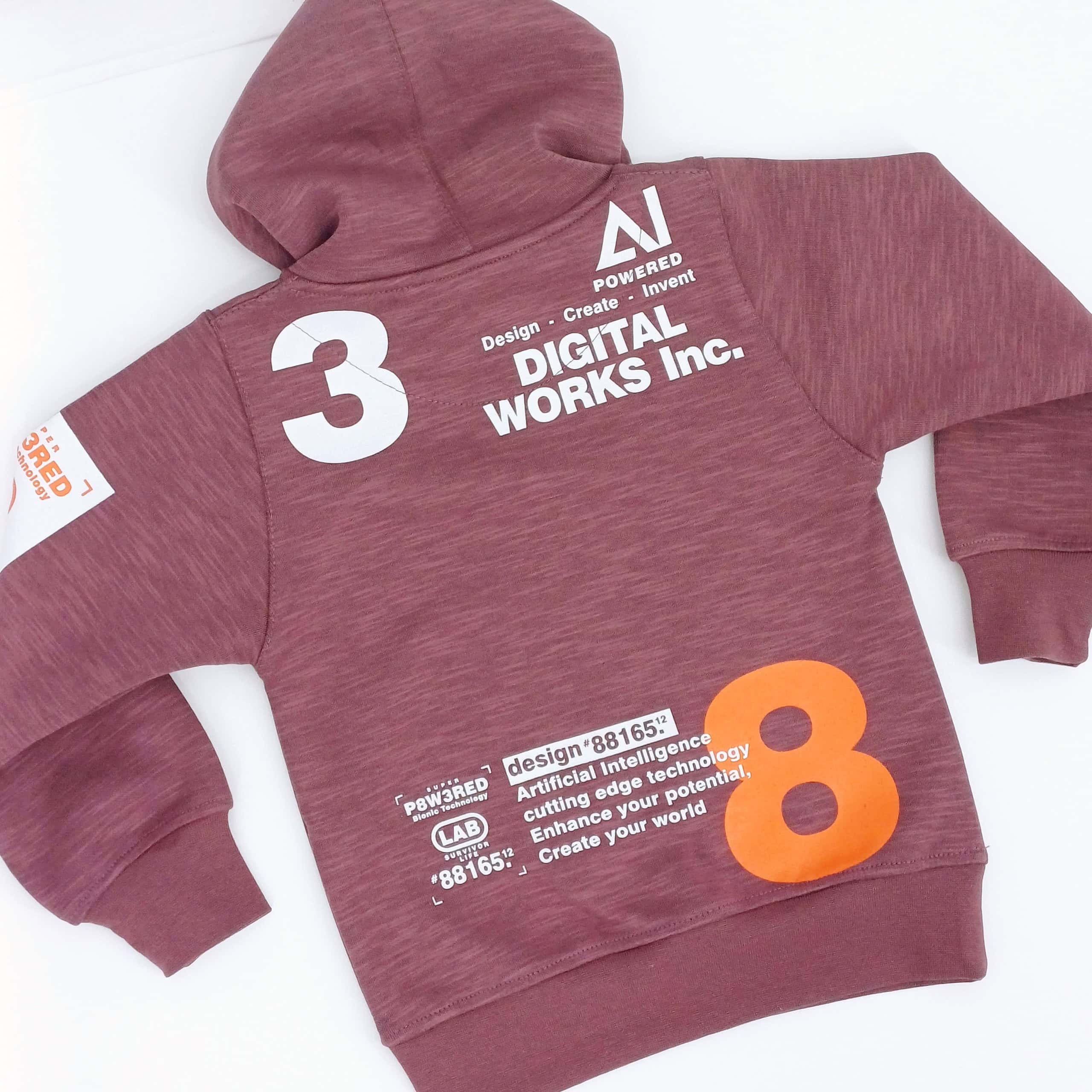 Sweat à capuche garçon style moderne avec graphismes Digital Works Inc. Disponible en tailles 3 à 6 ans. Confortable et pratique, parfait pour les journées fraîches.