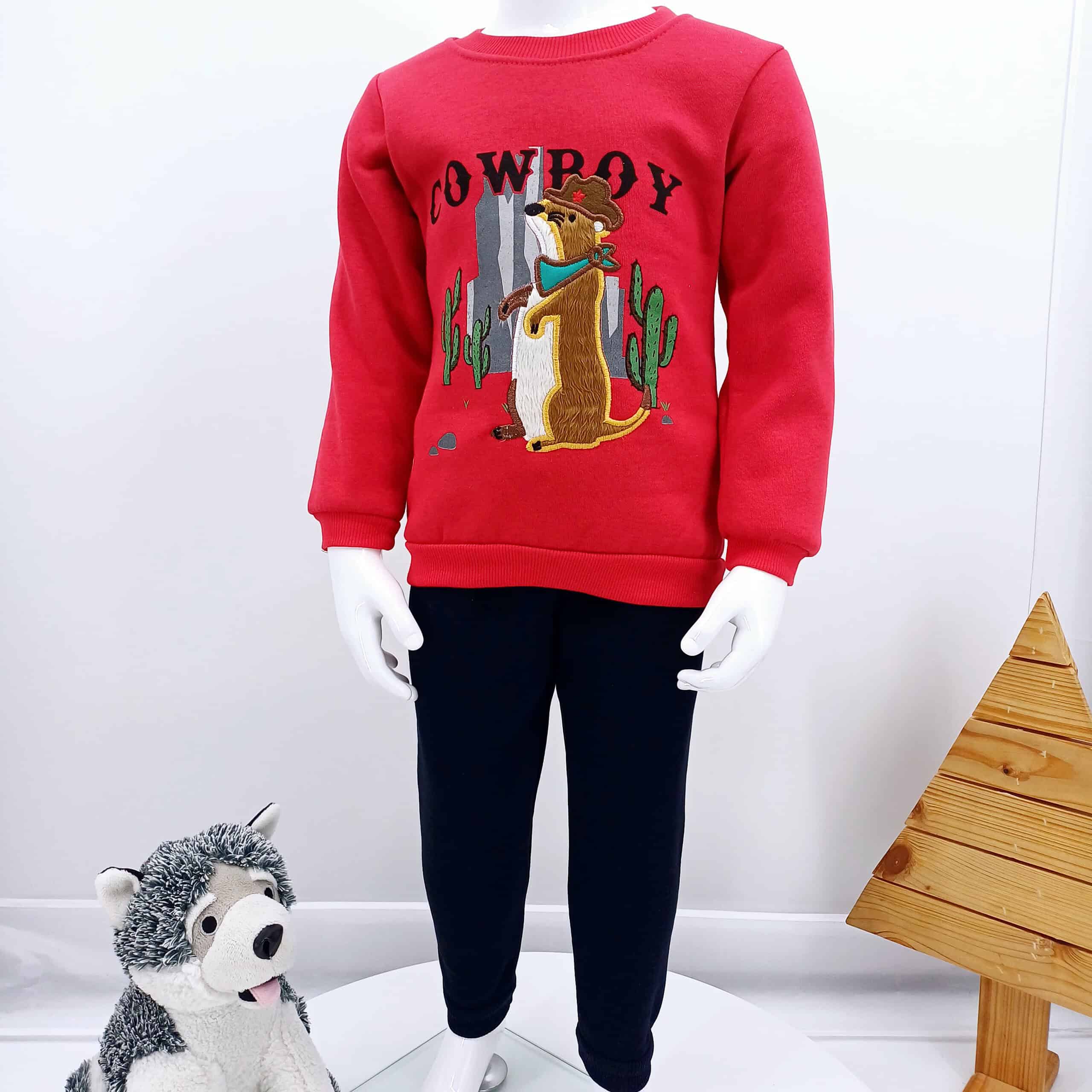 Ensemble sweat-shirt rouge et pantalon pour enfants - "Cowboy" (1,2,3 ans) – Image 2