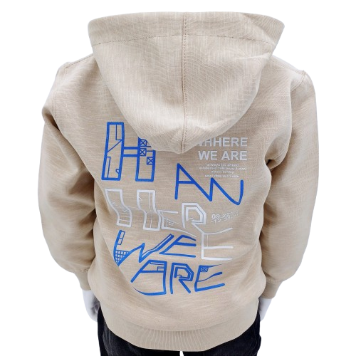 Sweat à capuche beige pour enfants avec impressions modernes bleues et blanches, disponible en tailles 1, 2, 3 et 4 ans. Idéal pour les journées fraîches et les promenades.