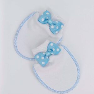 Moufles en coton doux pour bébé avec un nœud papillon à pois. Parfaites pour protéger la peau délicate des nouveau-nés