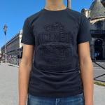 T-shirt bleu foncé homme avec design en relief « Thick Metal – Custom Bike Chicago »