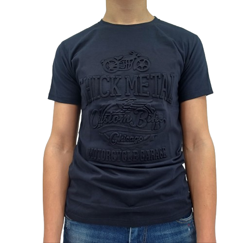T-shirt bleu foncé homme avec design en relief « Thick Metal – Custom Bike Chicago »