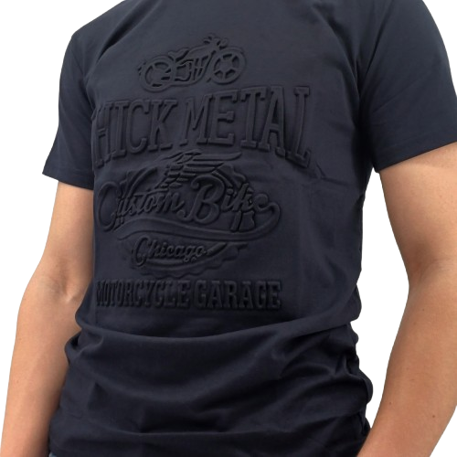 T-shirt bleu foncé homme avec design en relief « Thick Metal – Custom Bike Chicago »