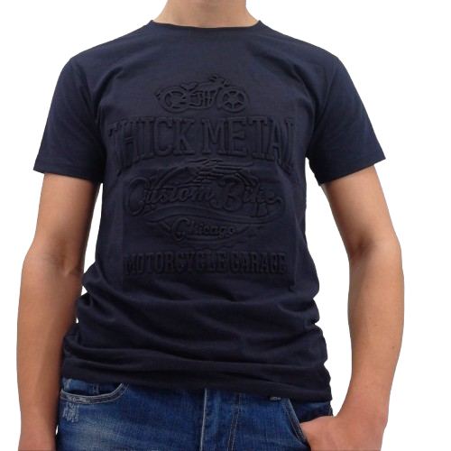 T-shirt bleu foncé homme avec design en relief « Thick Metal – Custom Bike Chicago »