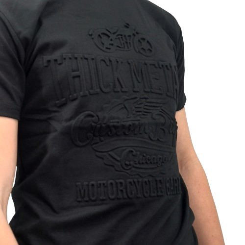 T-shirt noir homme avec motif en relief « Thick Metal – Custom Bike Chicago »