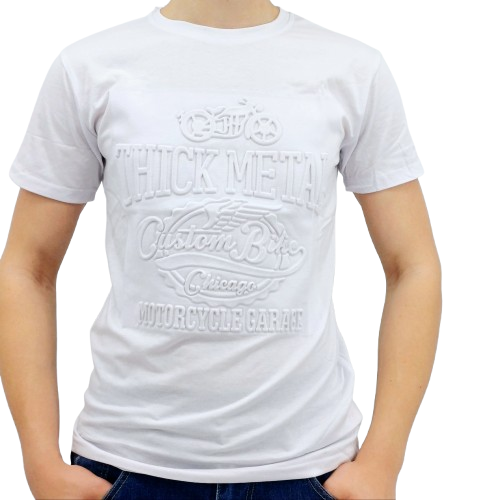 T-shirt blanc homme avec grand motif en relief « Thick Metal – Custom Bike – Motorcycle Garage »