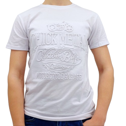 T-shirt blanc homme avec grand motif en relief « Thick Metal – Custom Bike – Motorcycle Garage »