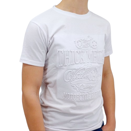T-shirt blanc homme avec grand motif en relief « Thick Metal – Custom Bike – Motorcycle Garage »