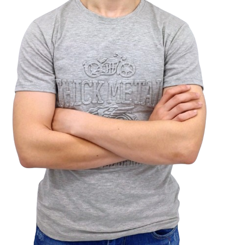 T-shirt gris homme avec motif embossé « Thick Metal – Custom Bike Chicago – Motorcycle Garage »