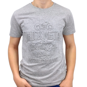 T-shirt gris homme avec motif embossé « Thick Metal – Custom Bike Chicago – Motorcycle Garage »