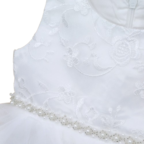 Robe blanche bébé fille avec tulle et ceinture de perles pour cérémonie
