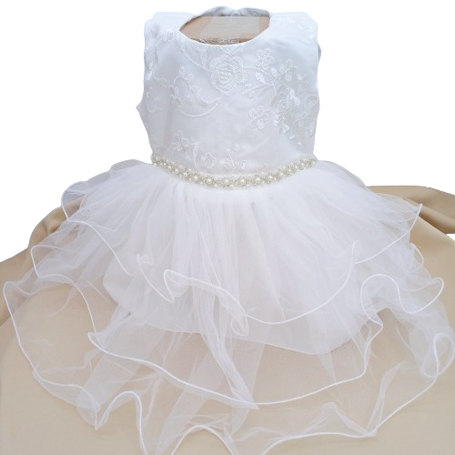 Robe blanche bébé fille avec tulle et ceinture de perles pour cérémonie
