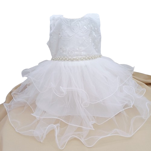 Robe blanche bébé fille avec tulle et ceinture de perles pour cérémonie