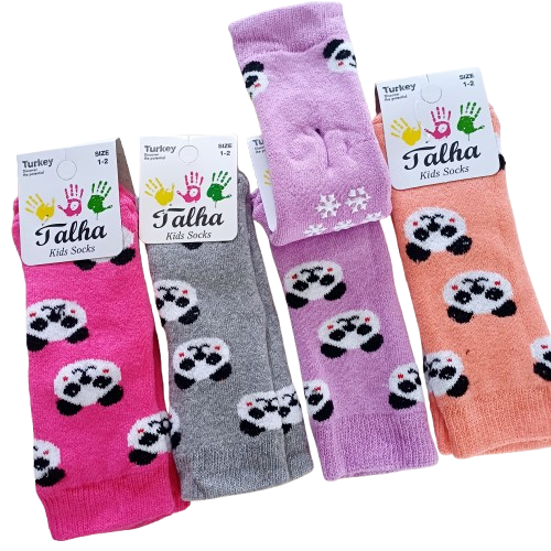 Chaussettes bébé en coton avec motif panda et semelle antidérapante – Lot de 4 paires colorées