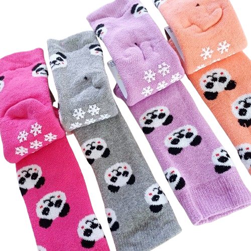 Chaussettes bébé en coton avec motif panda et semelle antidérapante – Lot de 4 paires colorées