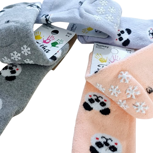 Chaussettes enfants 3-4 ans avec pandas et semelle antidérapante flocon – Lot de 4 paires