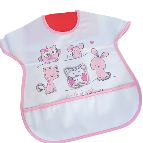Bavoir imperméable bébé avec poche récupératrice – Motif Lovely Friends – Rose – Fermeture velcro