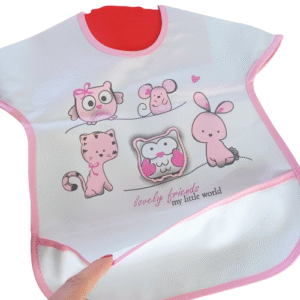 Bavoir imperméable bébé avec poche récupératrice – Motif Lovely Friends – Rose – Fermeture velcro