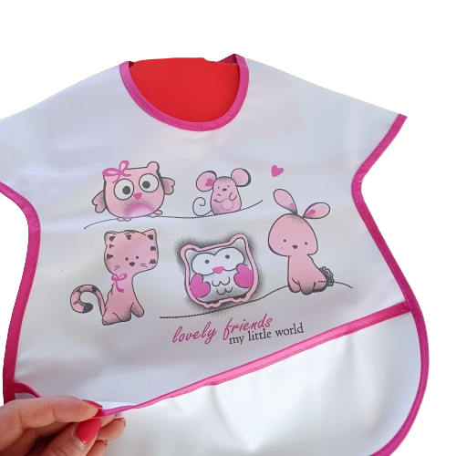 Bavoir imperméable bébé avec poche récupératrice – Motif Lovely Friends – Rose – Fermeture velcro