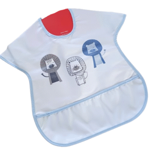 Bavoir imperméable bleu pour bébé avec poche – Motif lions stylisés – Fermeture velcro