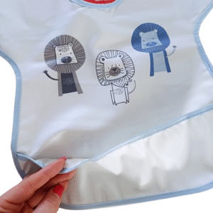Bavoir imperméable bleu pour bébé avec poche – Motif lions stylisés – Fermeture velcro