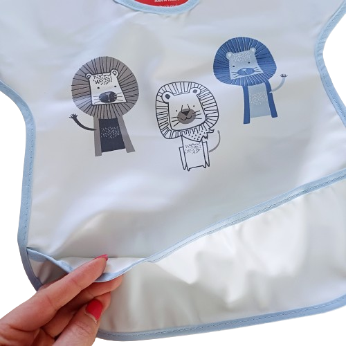 Bavoir imperméable bleu pour bébé avec poche – Motif lions stylisés – Fermeture velcro