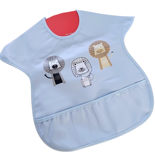 Bavoir imperméable bébé bleu clair avec poche – Motif lions – Fermeture velcro