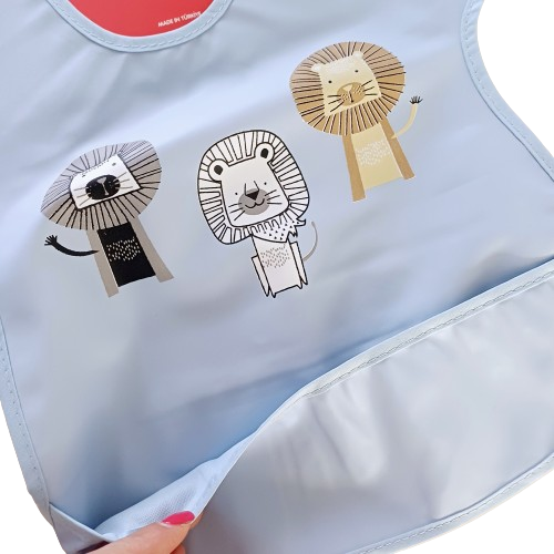 Bavoir imperméable bébé bleu clair avec poche – Motif lions – Fermeture velcro