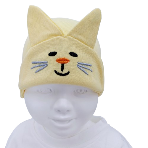 Bonnet bébé chaton avec oreilles – Visage brodé – Coloris rose, bleu, blanc, jaune