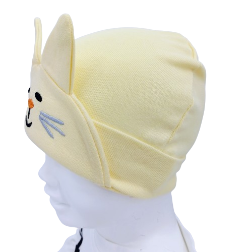 Bonnet bébé chaton avec oreilles – Visage brodé – Coloris rose, bleu, blanc, jaune