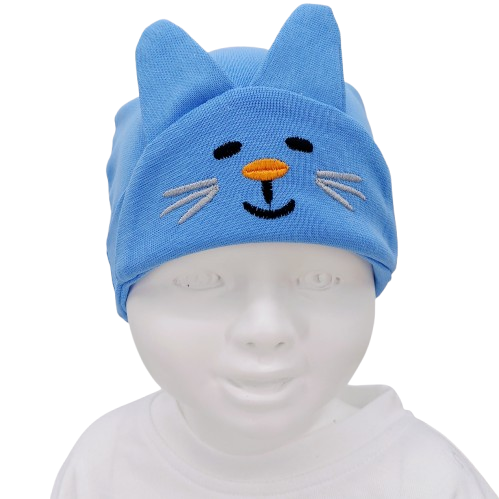 Bonnet bébé chaton avec oreilles – Visage brodé – Coloris rose, bleu, blanc, jaune