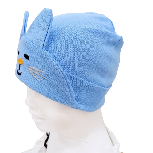 Bonnet bébé chaton avec oreilles – Visage brodé – Coloris rose, bleu, blanc, jaune