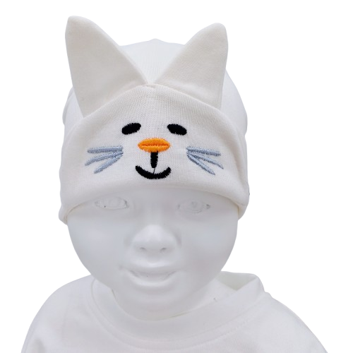 Bonnet bébé chaton avec oreilles – Visage brodé – Coloris rose, bleu, blanc, jaune
