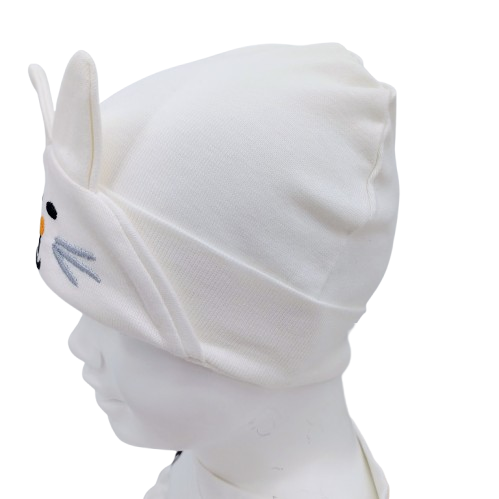 Bonnet bébé chaton avec oreilles – Visage brodé – Coloris rose, bleu, blanc, jaune
