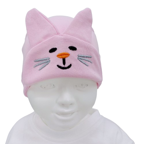 Bonnet bébé chaton avec oreilles – Visage brodé – Coloris rose, bleu, blanc, jaune